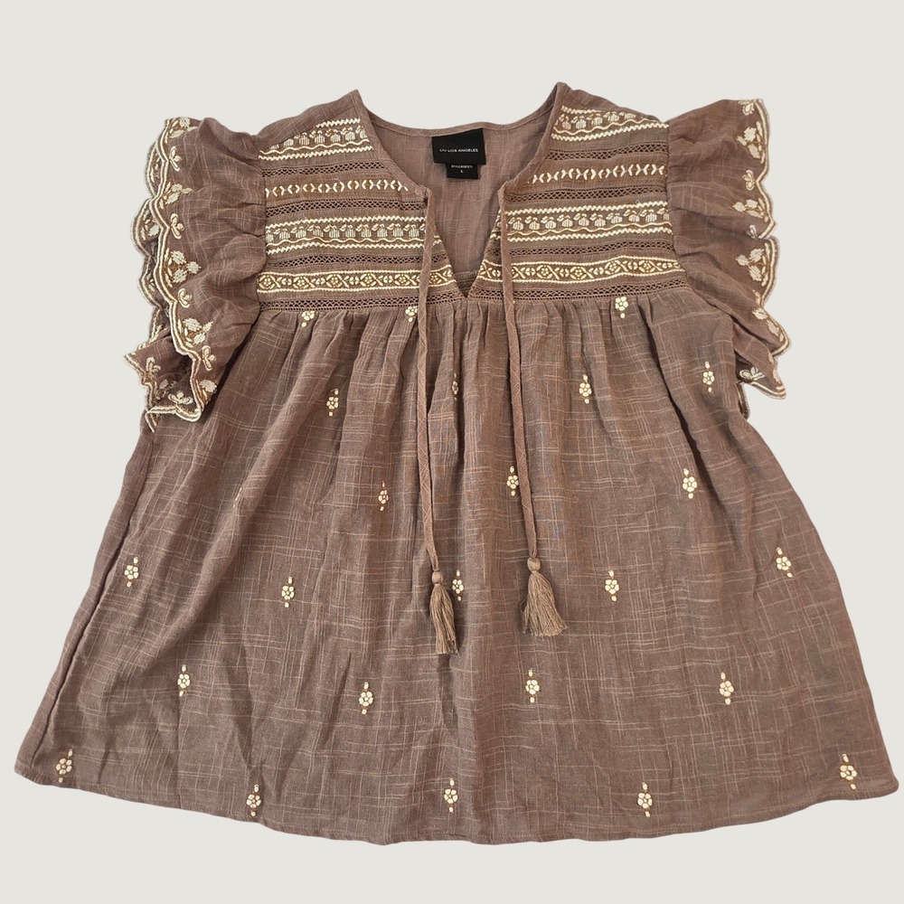LIV LOS ANGELES Blouse Brown Embroidered Peasant Cottagecore Babydoll Large